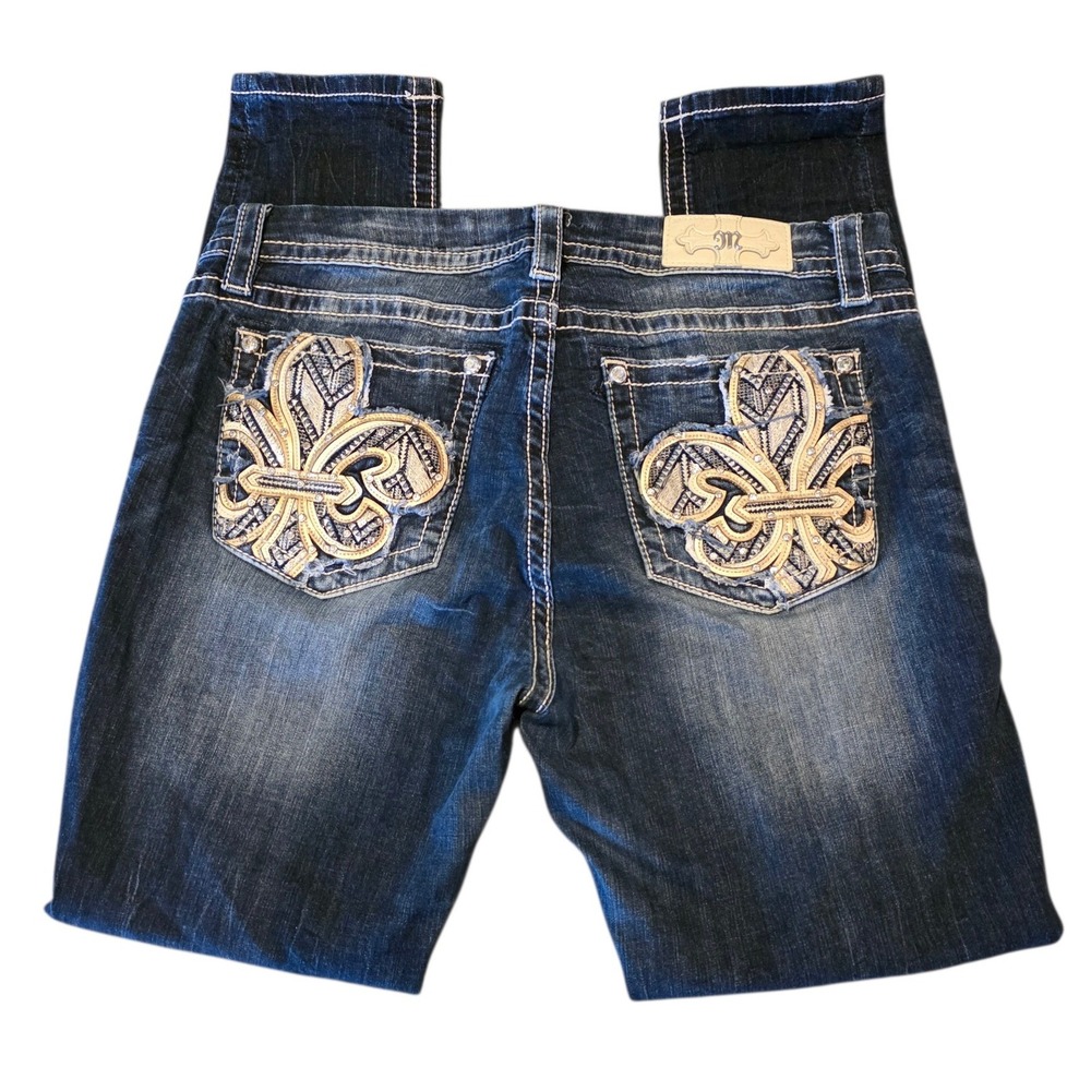 Miss Me Easy Skinny Jeans Mid Rise Fleur De Lis Dark Wash B3050ESR Size 31x31